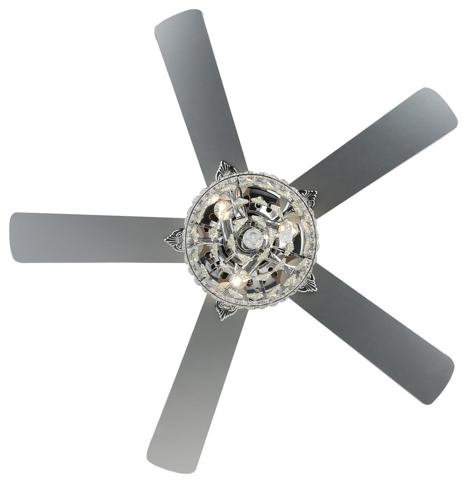 52" Black Crystal Reversible Ceiling Fan with 5 Wood Blades and Remote Control, Chrome, 52"