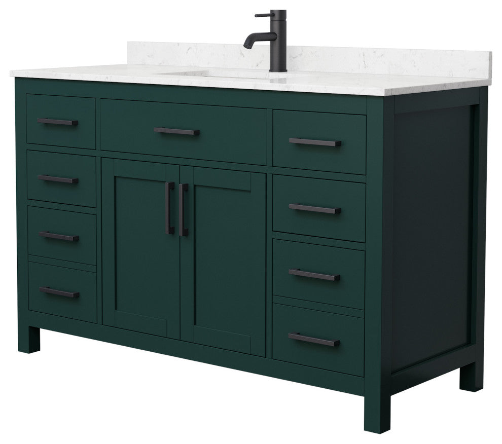 54"SGL Bathroom Vanity Green, Carrara Cult. Marble Countertop, Sink, Black Trim