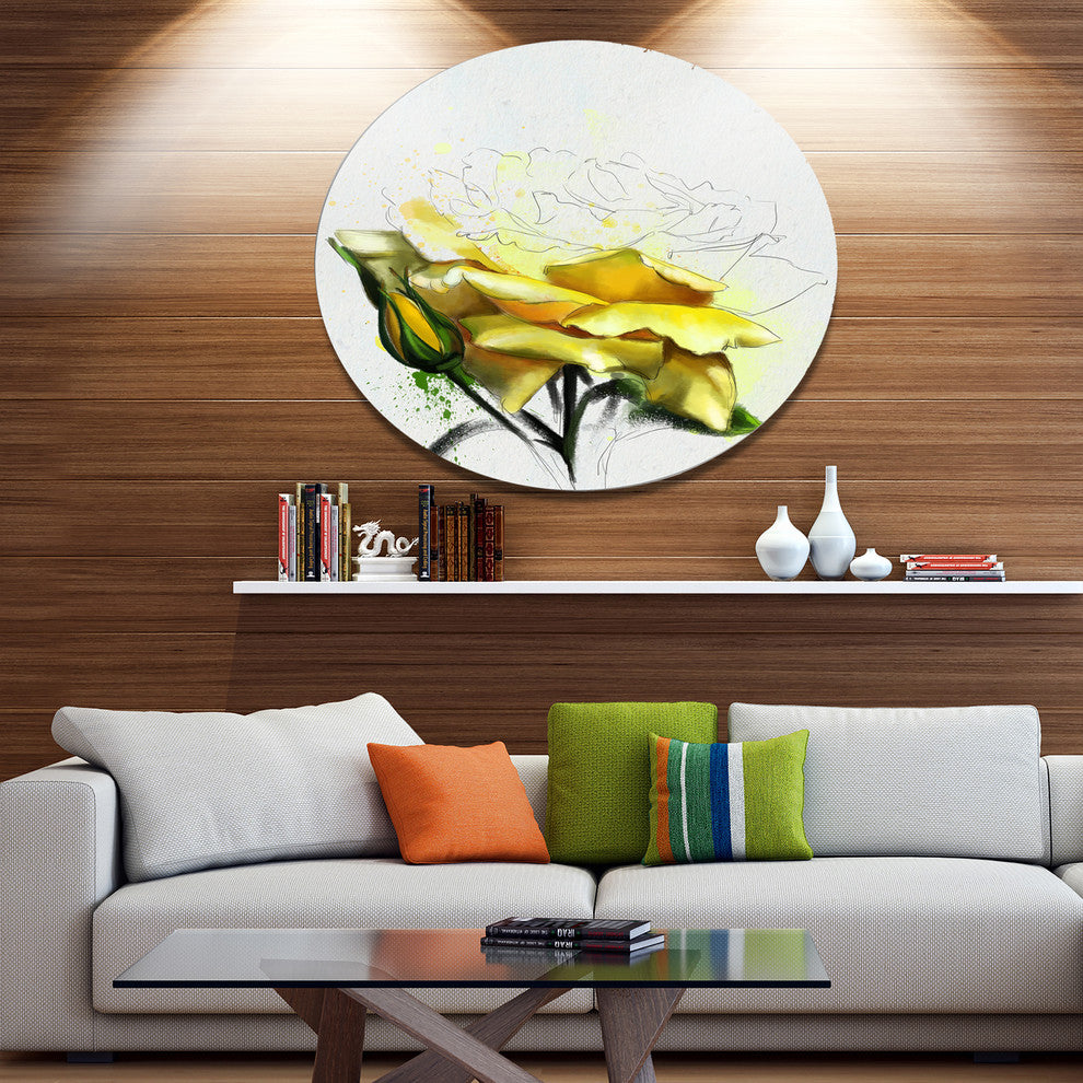 Yellow Rose Illustration Watercolor, Floral Disc Metal Wall Art, 36"
