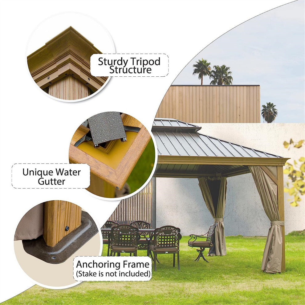 Hardtop Gazebo, Aluminum Frame Canopy with Galvanized Steel Double Roof, Yellow Brown