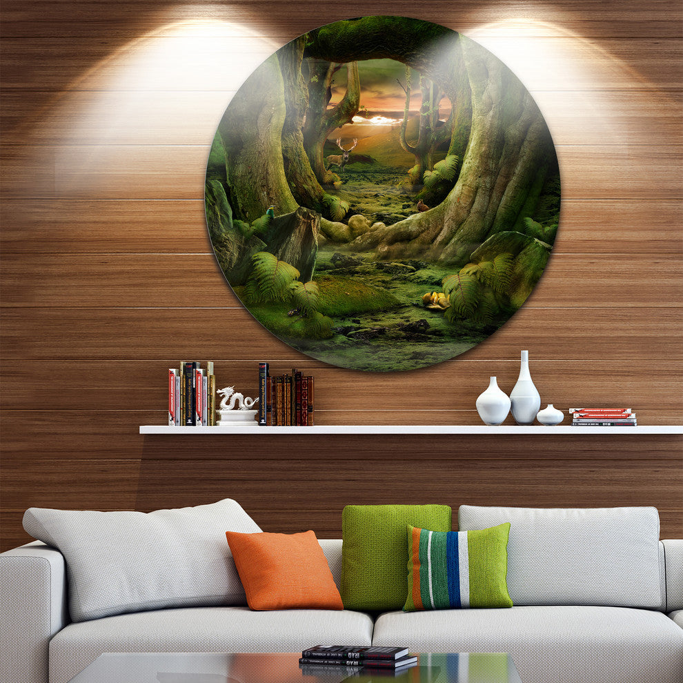 Green Paradise Tunnel, Modern Landscape Round Wall Art, 23"
