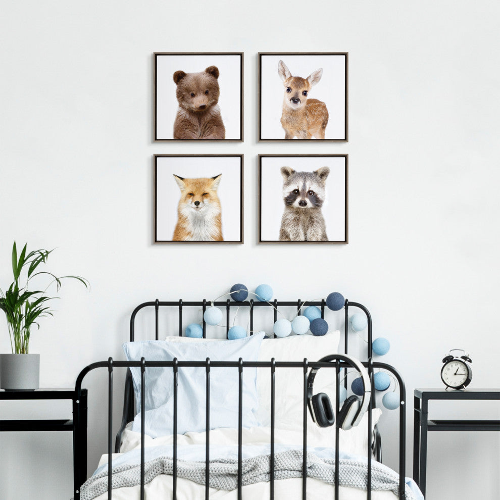 Sylvie Woodland Animal Canvas Art Set by Amy Peterson, Thin Gray 4 Piece 13x13