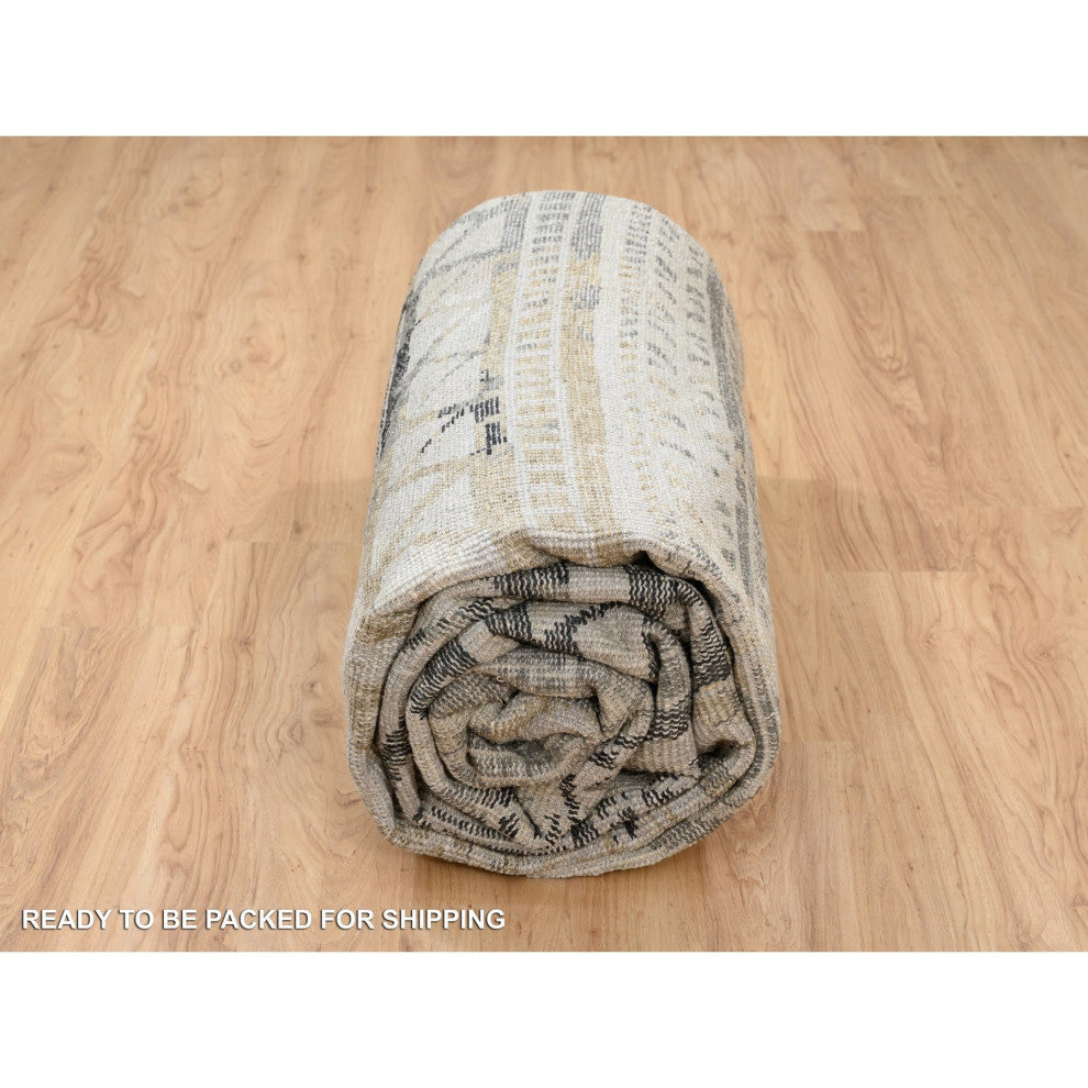 Gray, Erased Ethnic Geometric Design, Pure Wool Hand Knotted Rug, 9'9" x 13'10"