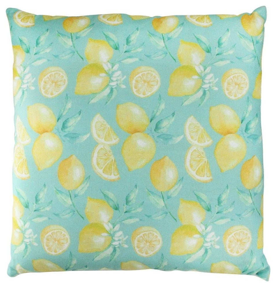 17" Green and Yellow Tropical Lemons Printed Throw Pillow Polyester