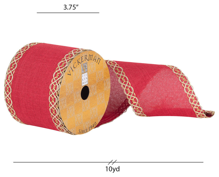 Vickerman Q181348 3.75"X10 Yard Red Dupion Gold Swirl Edge Christmas Ribbon