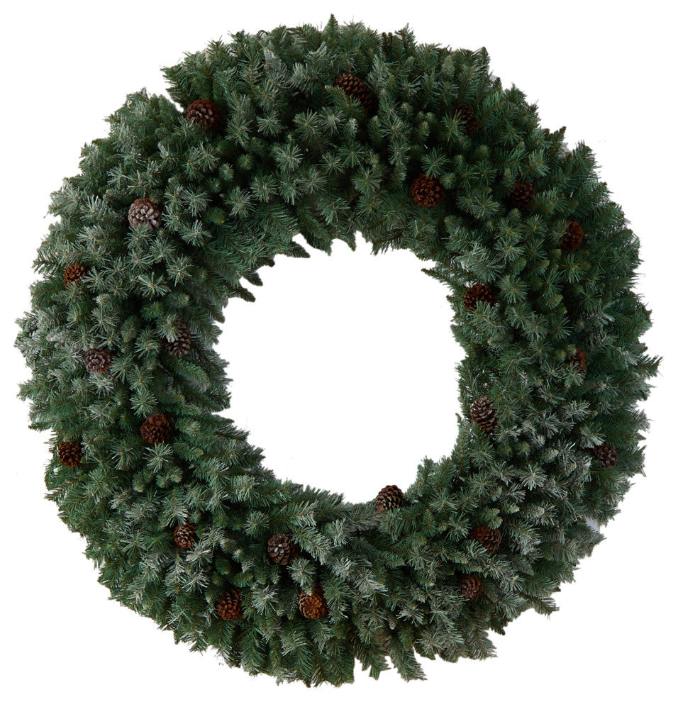 5' Giant Flocked Faux Xmas Wreath W/ Pinecones, Clear Lights & Bendable Branches