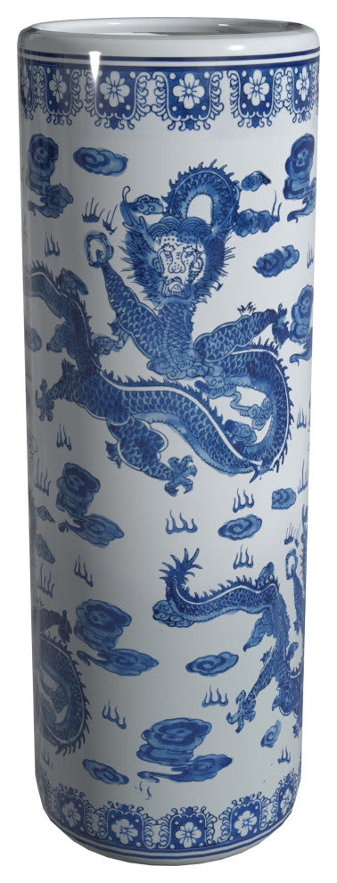 24" Dragon Blue and White Porcelain Umbrella Stand