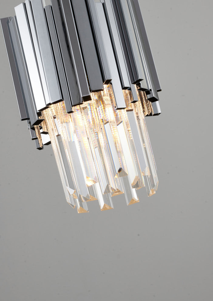 Shiny Nickel Stainless Steel Frame Single Pendant Light, Clear Crystal Drops