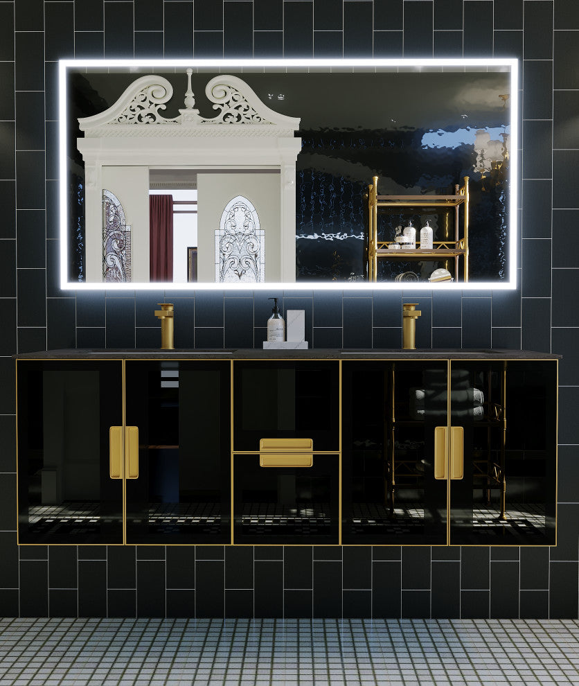 Solaria Glass Facade Floating Vanity, 60", Rustic Porcelain Top, Double Sink