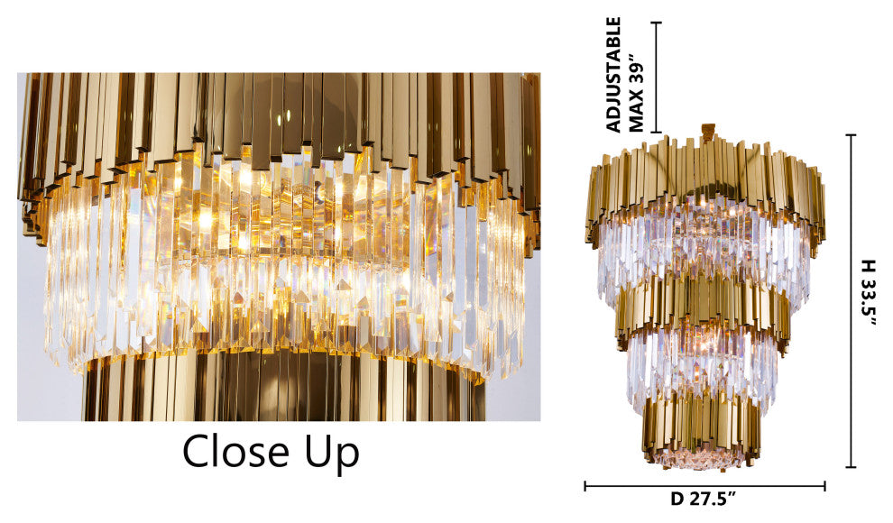 3-Tier Gold Rod Round Frame With Clear Crystal Chandelier