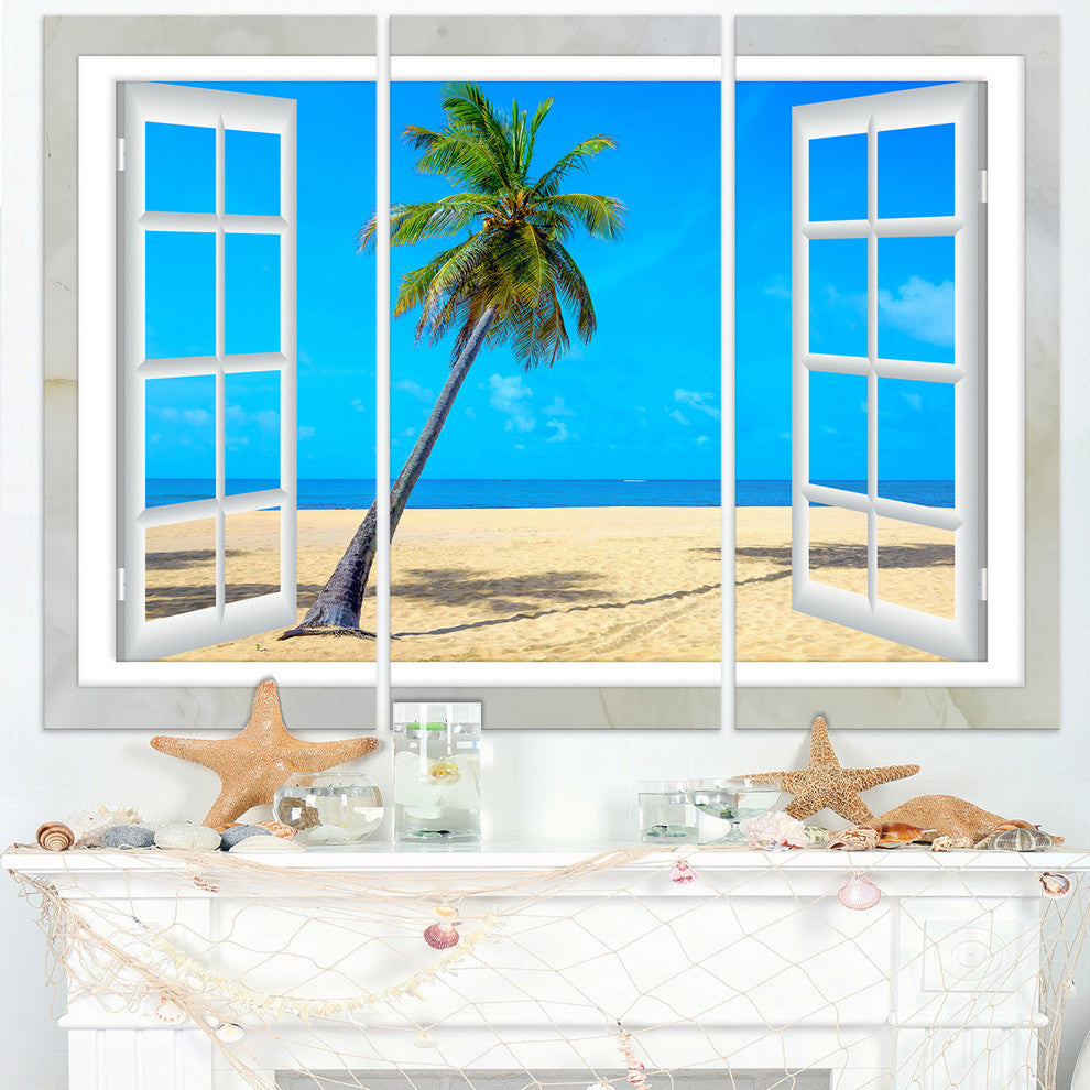 "Open Window to Beach With Palm" Metal Wall Art, 3 Panels, 36"x28"