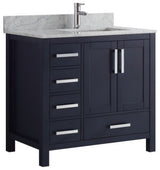 36" Navy Blue Single Vanity, Marble Top, Sink and No Mirror, Right Version