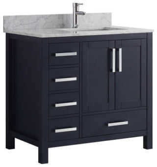 36" Navy Blue Single Vanity, Marble Top, Sink and No Mirror, Right Version