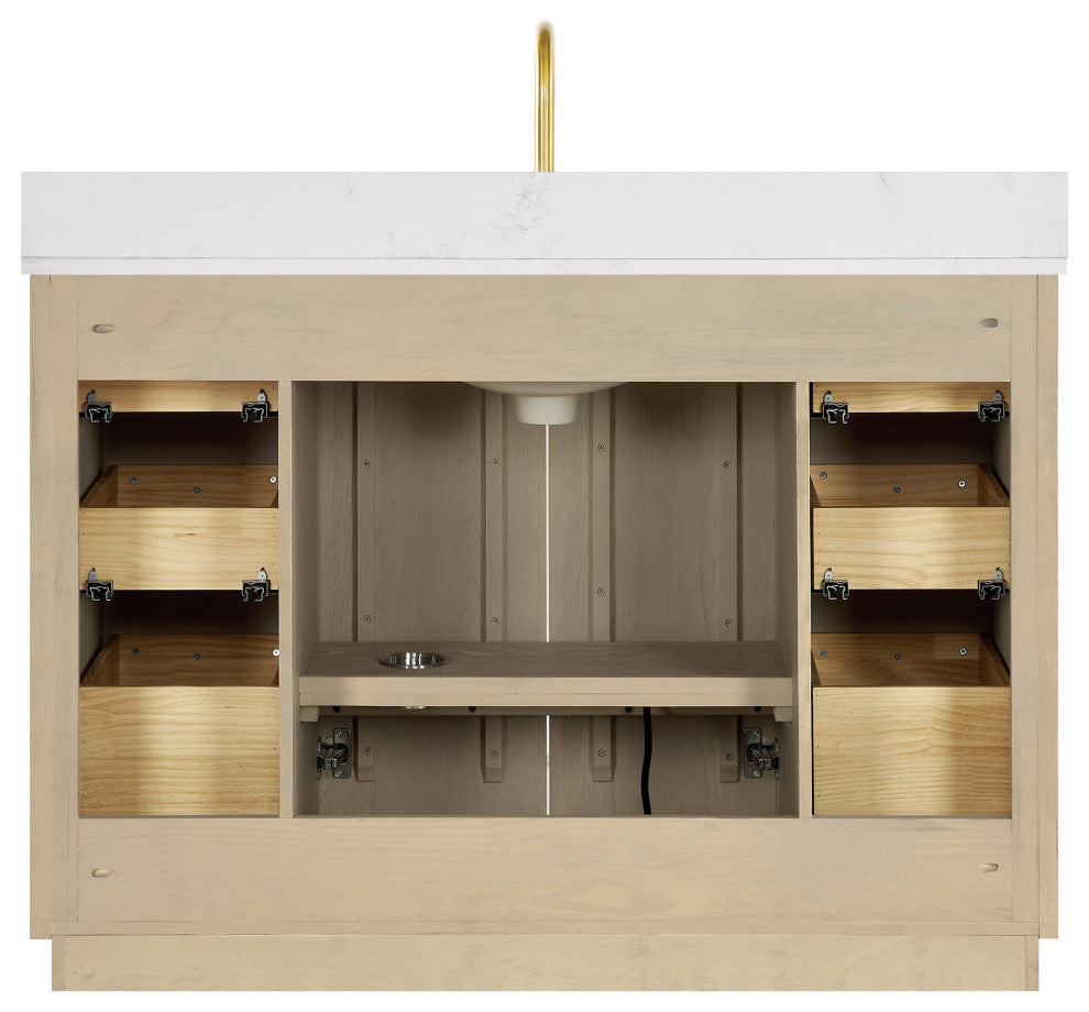 Oza Bath Vanity with Quartz Stone Top, Aged Natural Oak, 48", Single Vanity, With Mirror