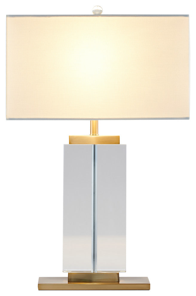 Clear Crystal Column With Gold Metal Frame and White Shade Table Lamp