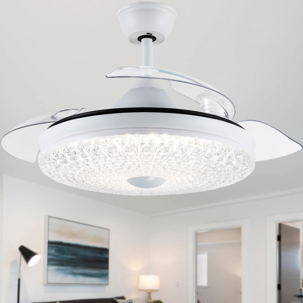 42" Crystal Retractable Ceiling Fan with 6-SPEED, LED light and Remote, White