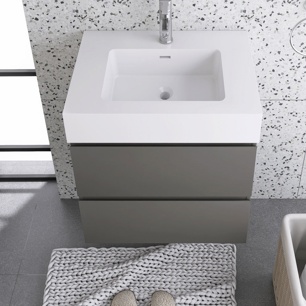 Wood Wall-Mounted Bathroom Vanity Set with Integrated Resin Sink, Grey, 24"