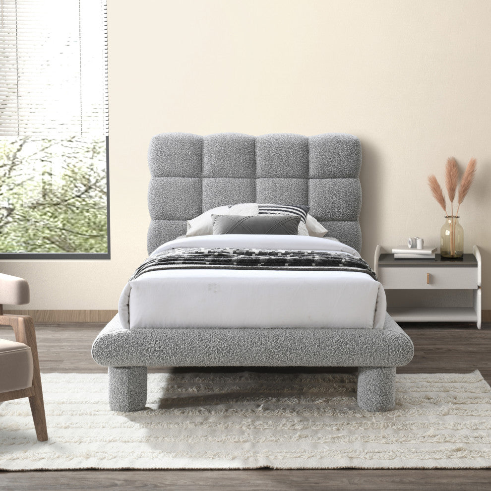 Deco Boucle Fabric Upholstered Full Bed, Gray, Twin