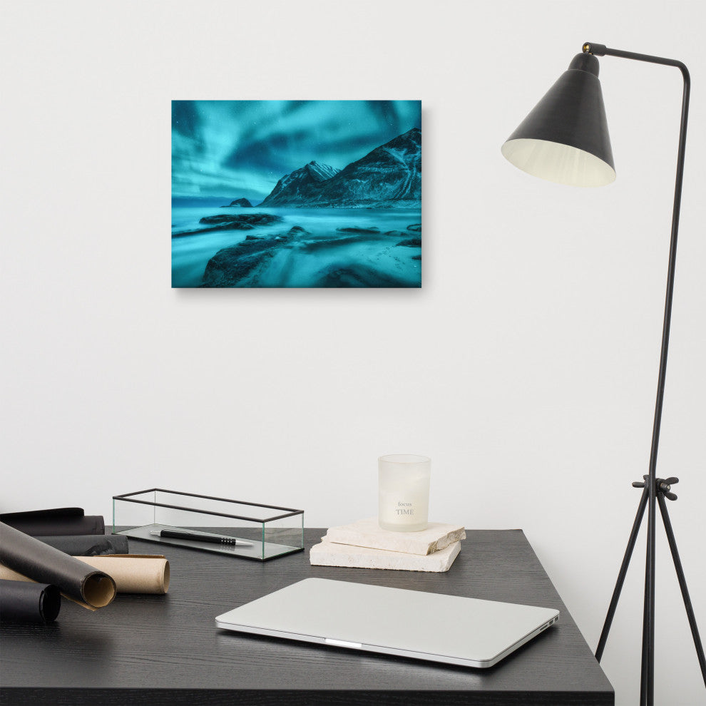 Blue Northern Lights and Mountain Coast Landscape Photo Canvas Wall Art Prints, 12" X 16"