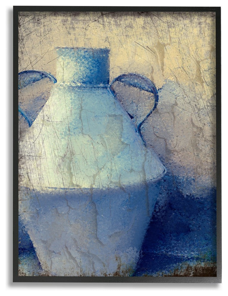 Cracked Rustic Wall Painting Blue Pottery Oversized Framed Giclee Art, 16"x20"