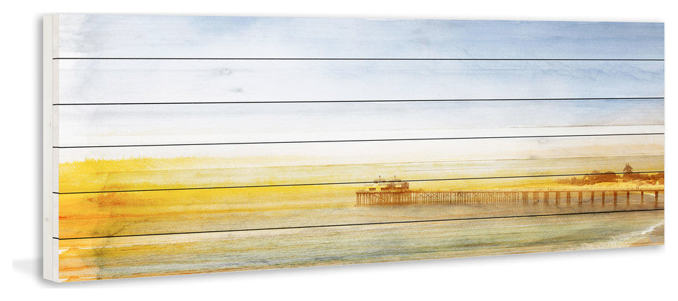 "Malibu Pier" Print on White Wood, 45"x15"