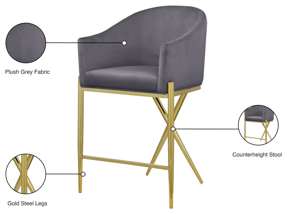 Xavier Velvet Upholstered Counter Height Stool, Gray, Gold Finish