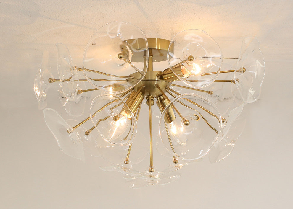 Portia Sputnik Satin Brass Orb Chandelier With Clear Glass Tiles, 24" Round