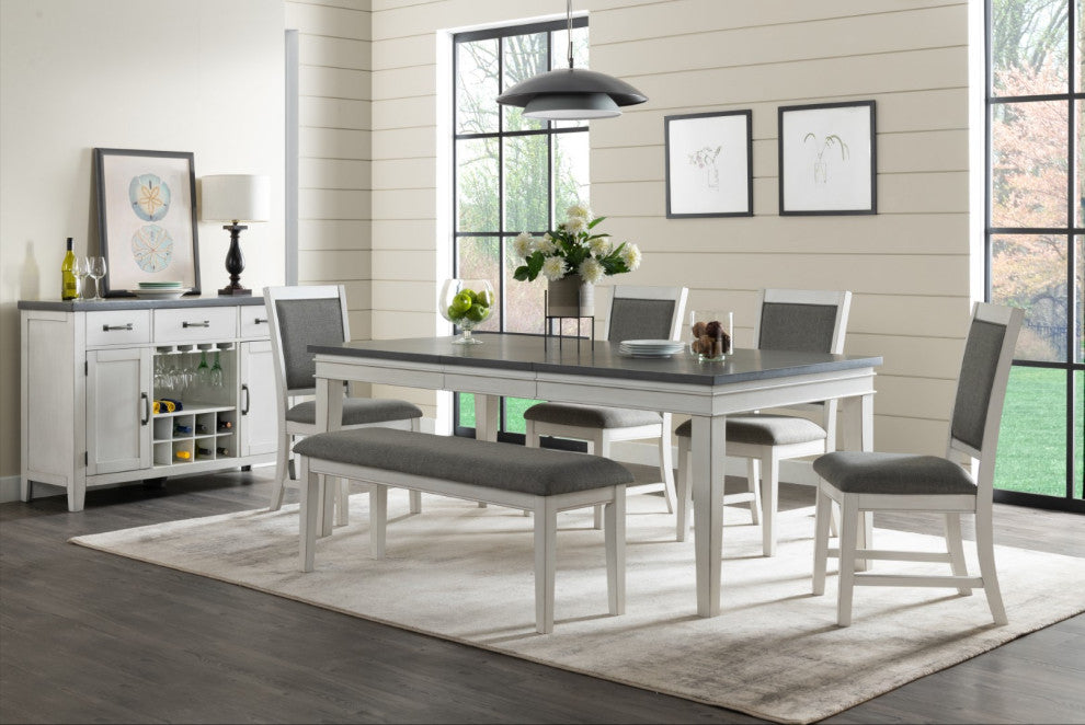 Del Mar Antique White and Gray Linen Dining Room Chairs, Set of 2