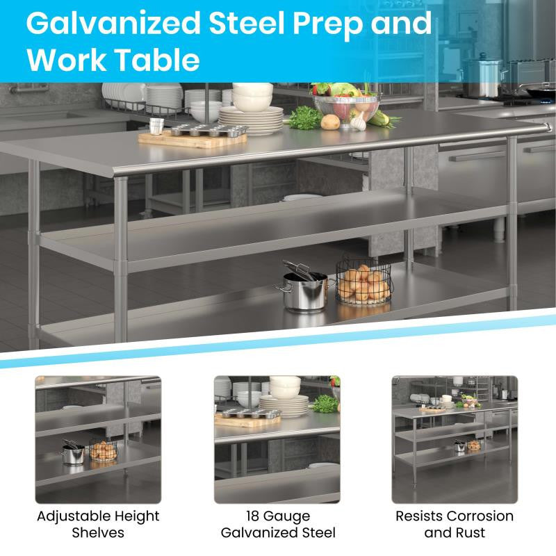 Stainless Steel 18 Gauge Work Table With 1.5" Backsplash and 2 Undershelves, NSF
