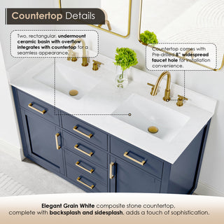 Gavino Vanity with Grain White Composite Stone Top, Royal Blue/Brushed Gold, 54", with Mirror
