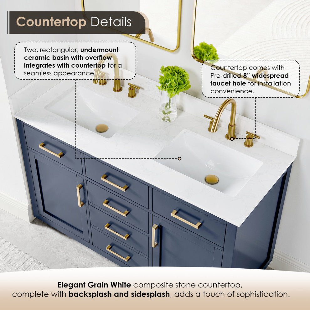 Gavino Vanity with Grain White Composite Stone Top, Royal Blue/Brushed Gold, 54", with Mirror