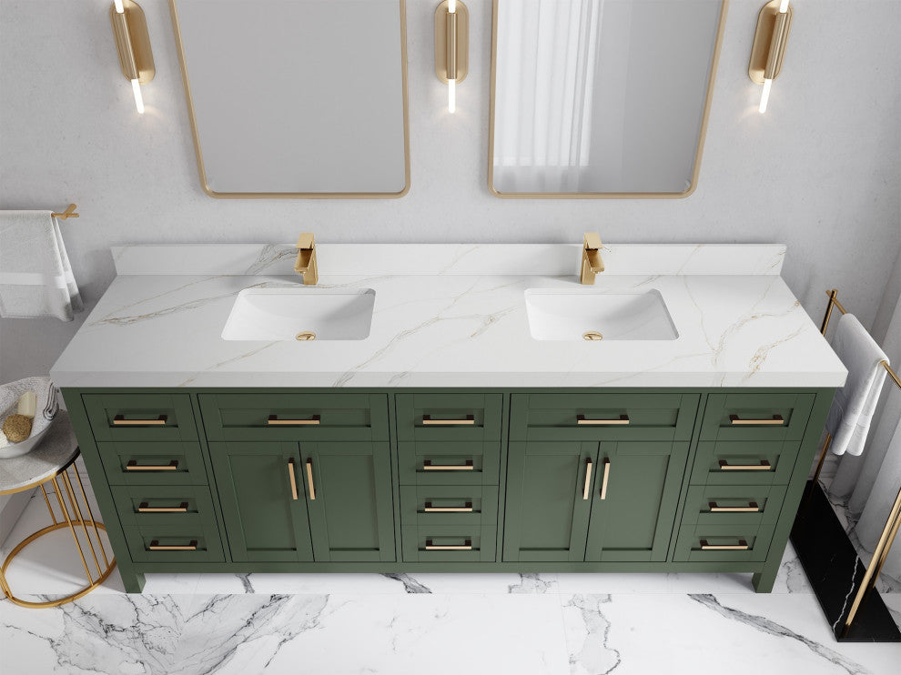 Cambridge 84" Double Sink Bath Vanity in Pewter Green 2" Calacatta Sienna