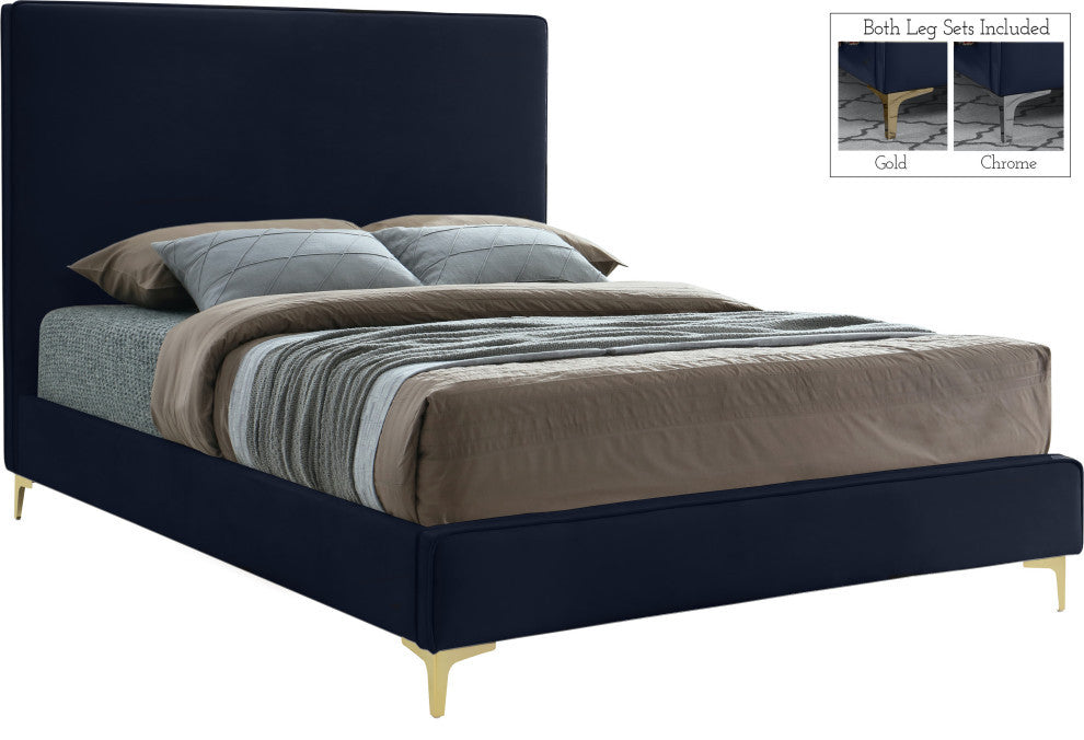 Geri Velvet Upholstered Bed, Navy, King
