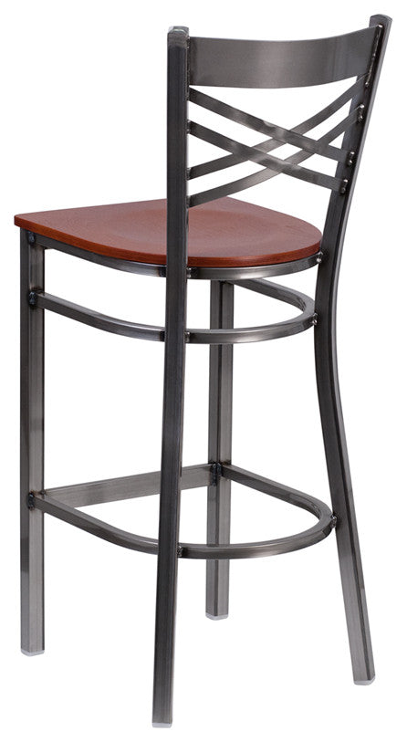 Clear Coated "X" Back Metal Restaurant Barstool, Cherry Wood Seat