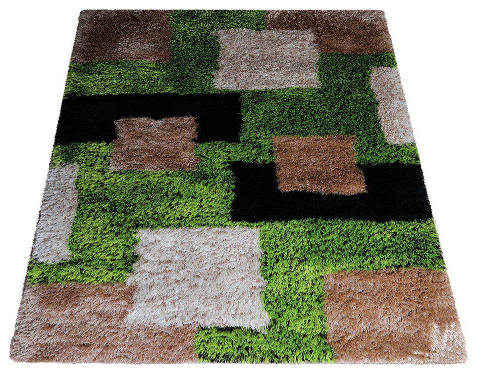 Hand Tufted Shag Polyester Area Rug Geometric Green Beige, [Rectangle] 10'x13'