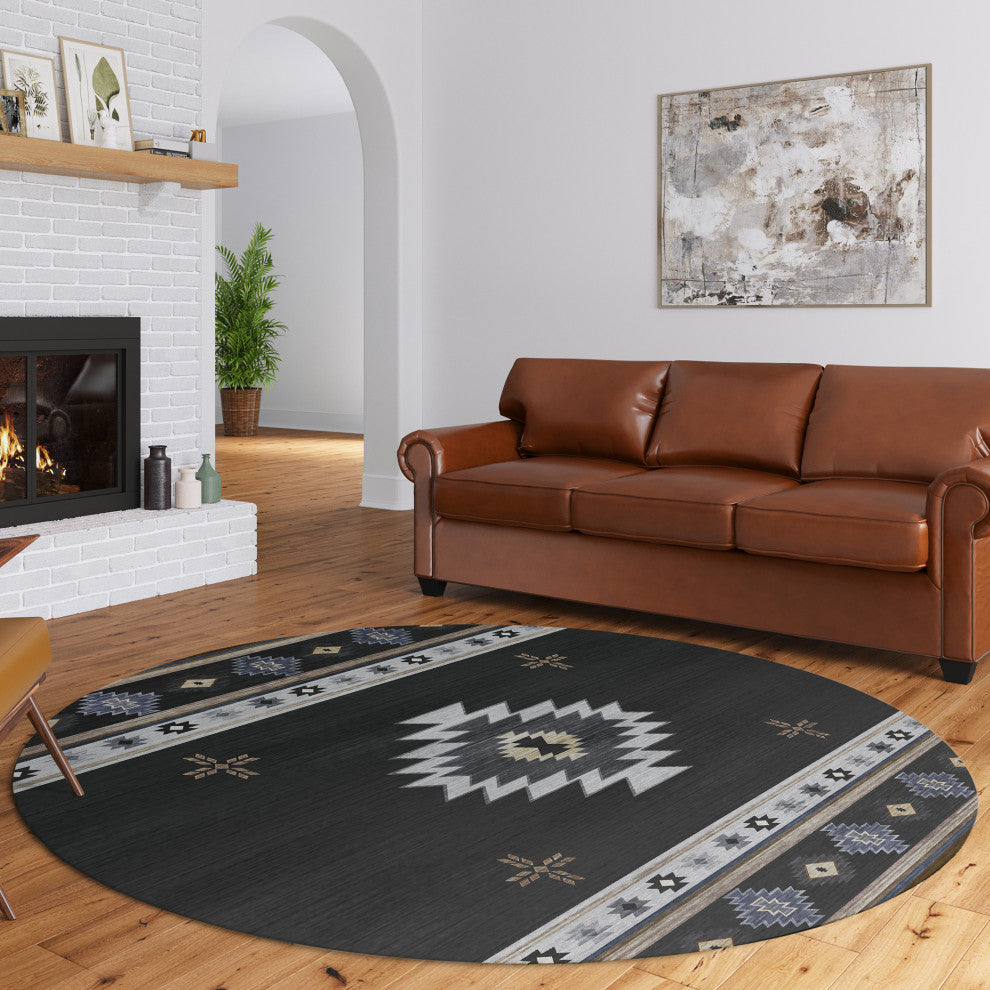 Indoor/Outdoor Phoenix PH4 Black Machine Washable 8' x 8' Round Rug
