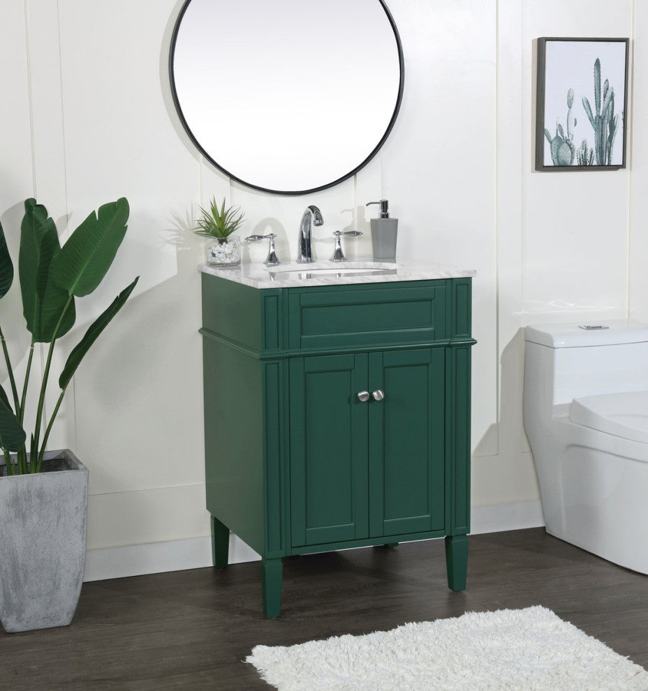 Home Living Vanity with Carrara White Marble Countertop, Green, 24", Single Sink