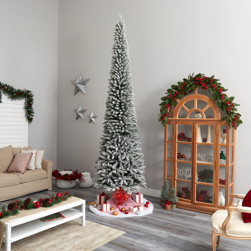 12' Flocked Pencil Faux Xmas Tree W/ 1000 Clear Lights & 1819 Bendable Branches