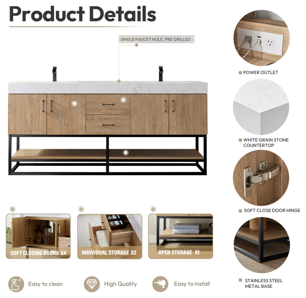 Alistair Vanity, North American Oak, Matte Black Hardware, 72", With Mirror