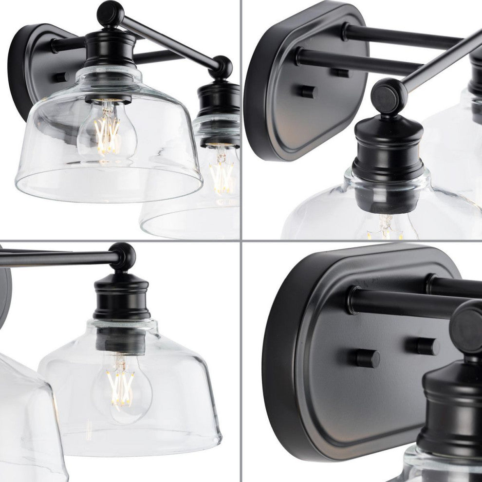 Singleton 2-Light 17" Matte Black Farmhouse Vanity Light With Clear Glass Shades