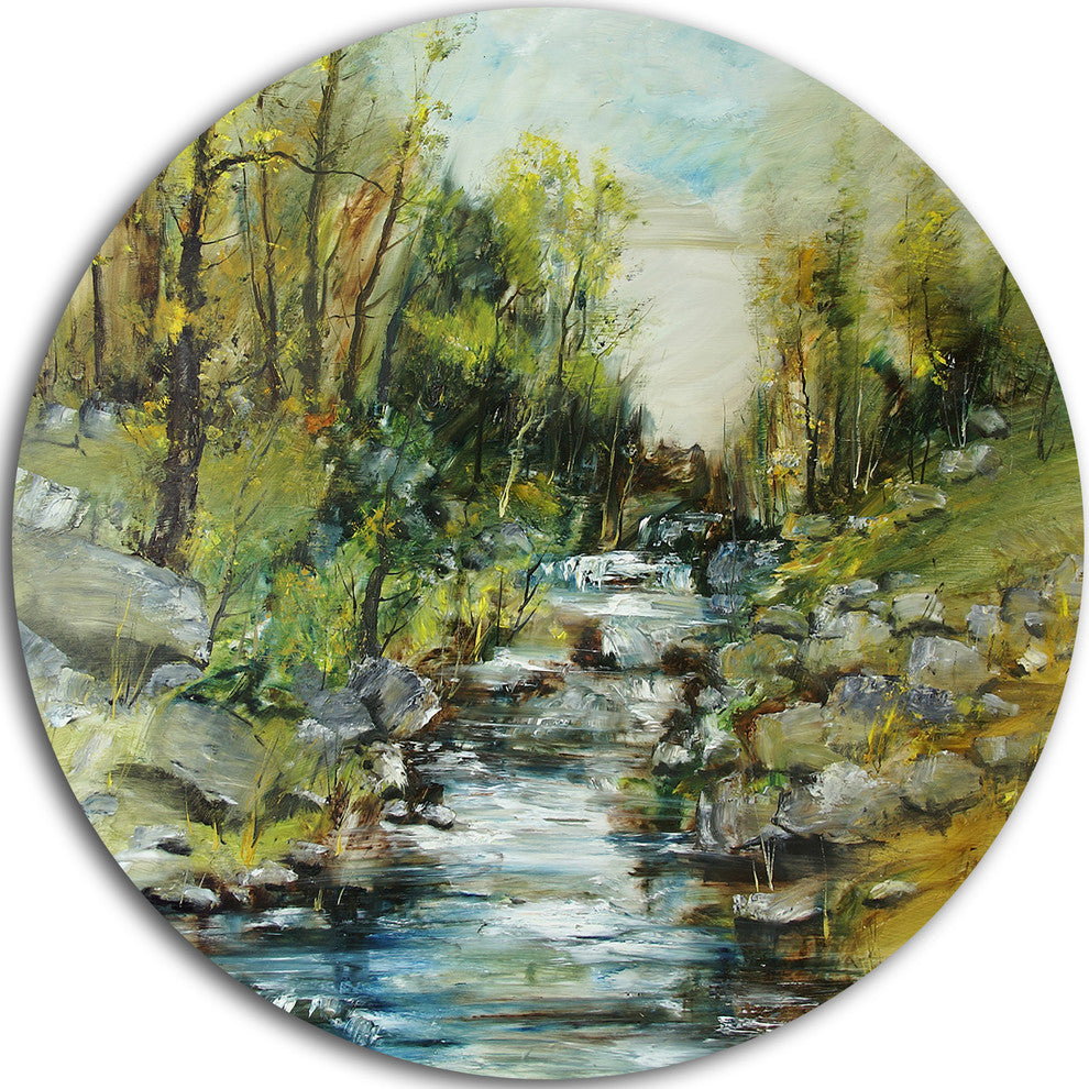 Rocky Terrain With Creek, Landscape Painting Disc Metal Wall Art, 11"