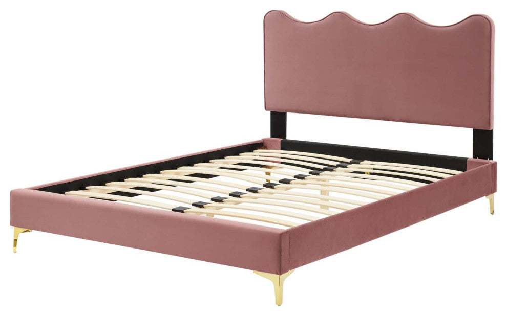 Platform Bed Frame, Queen Size, Pink, Velvet, Modern, Bedroom Guest Suite