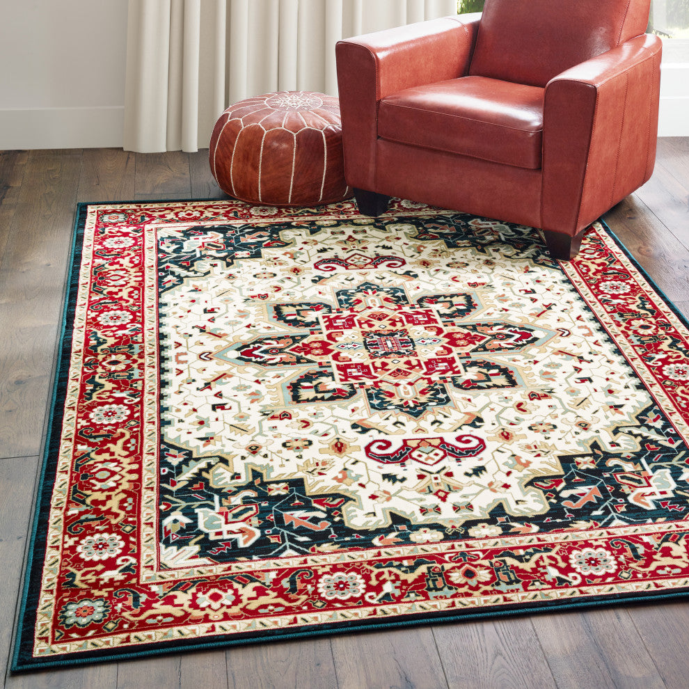 Karaman Traditional Medallion Red/ Ivory Area Rug, 6'7"x9'6"