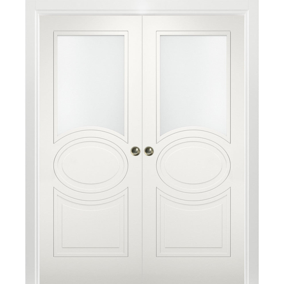 Sliding Interior Double Pocket Doors 64x84 in Opaque Glass | Mela 7012 White