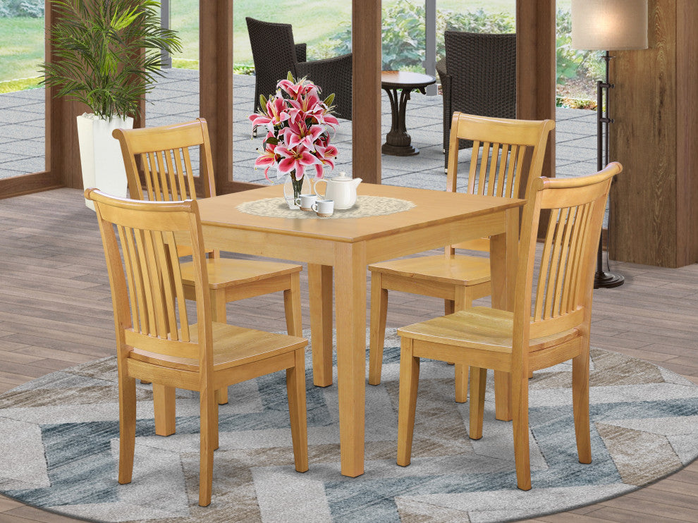 5-Piece Dinette Table Set - Table And 4 Wood Seat Dining Chairs In Oak Finish