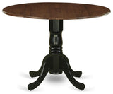 Walnut and Black Round Dining Table with Drop Leaves and Pedestal Base