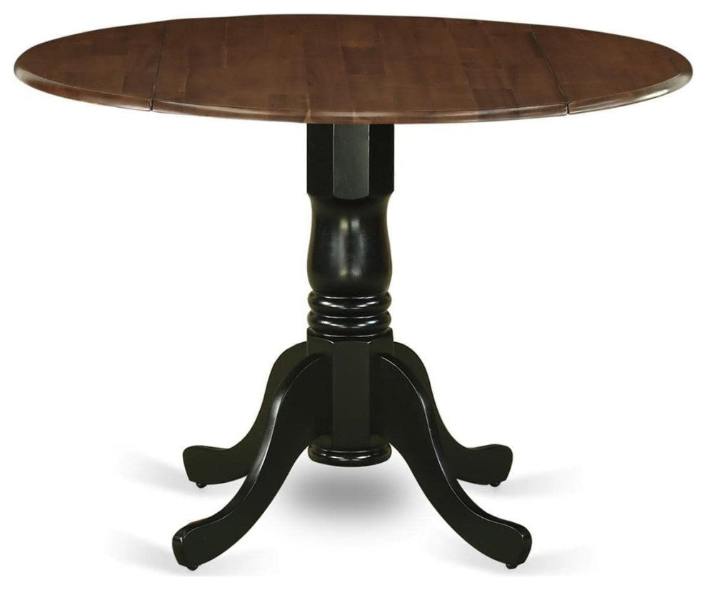 Walnut and Black Round Dining Table with Drop Leaves and Pedestal Base