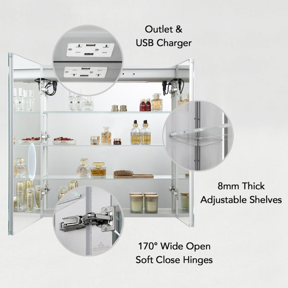 LED Medicine Cabinet With Defog, Dimmer, Makeup Mirror, Outlets, 30x32/3x