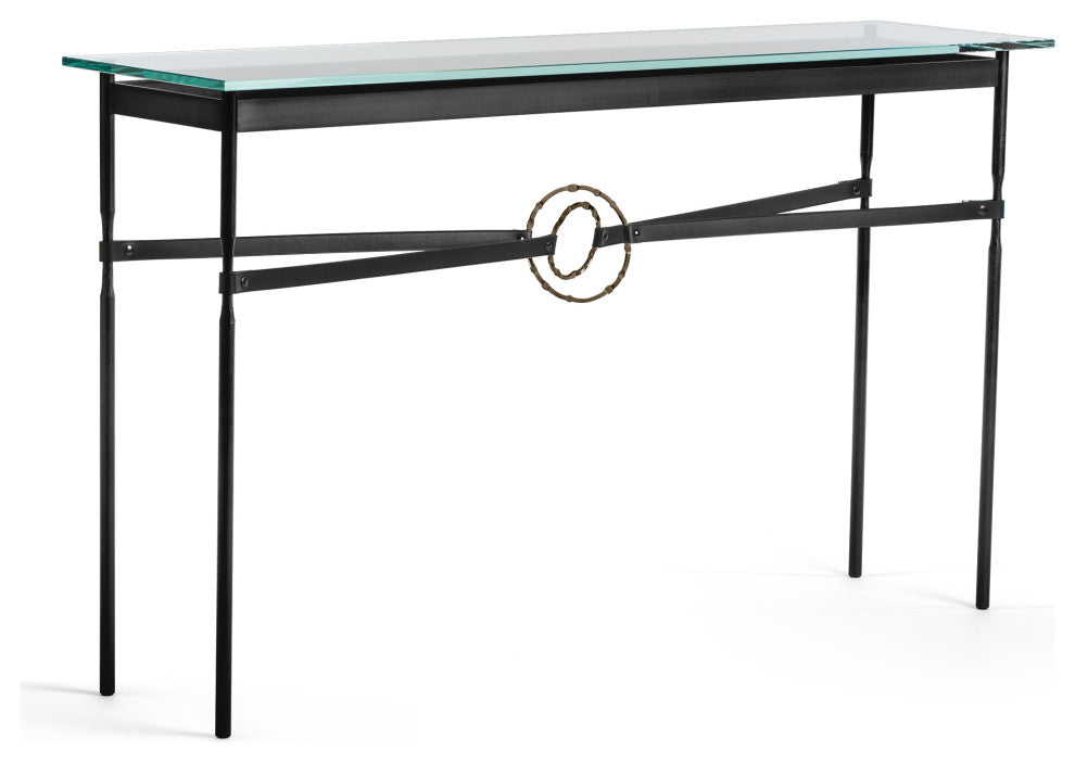Equus Console Table, Black Finish - Bronze Accents - Black Leather Strap