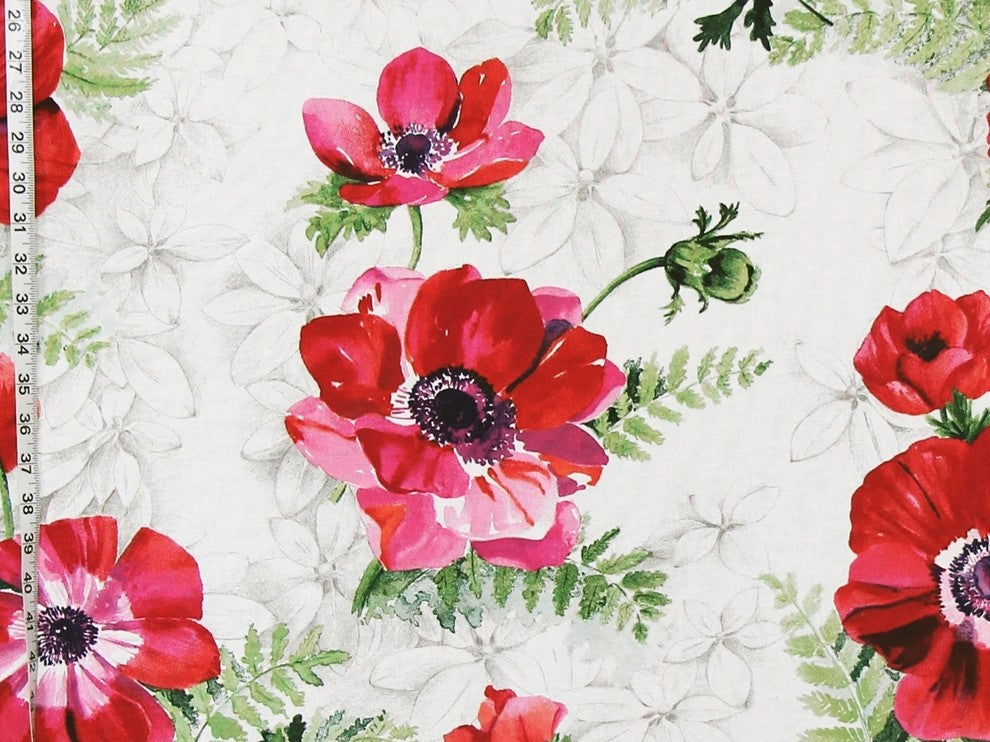 Red Orange Purple Pink Anemone Fabric Floral Watercolor, Standard Cut